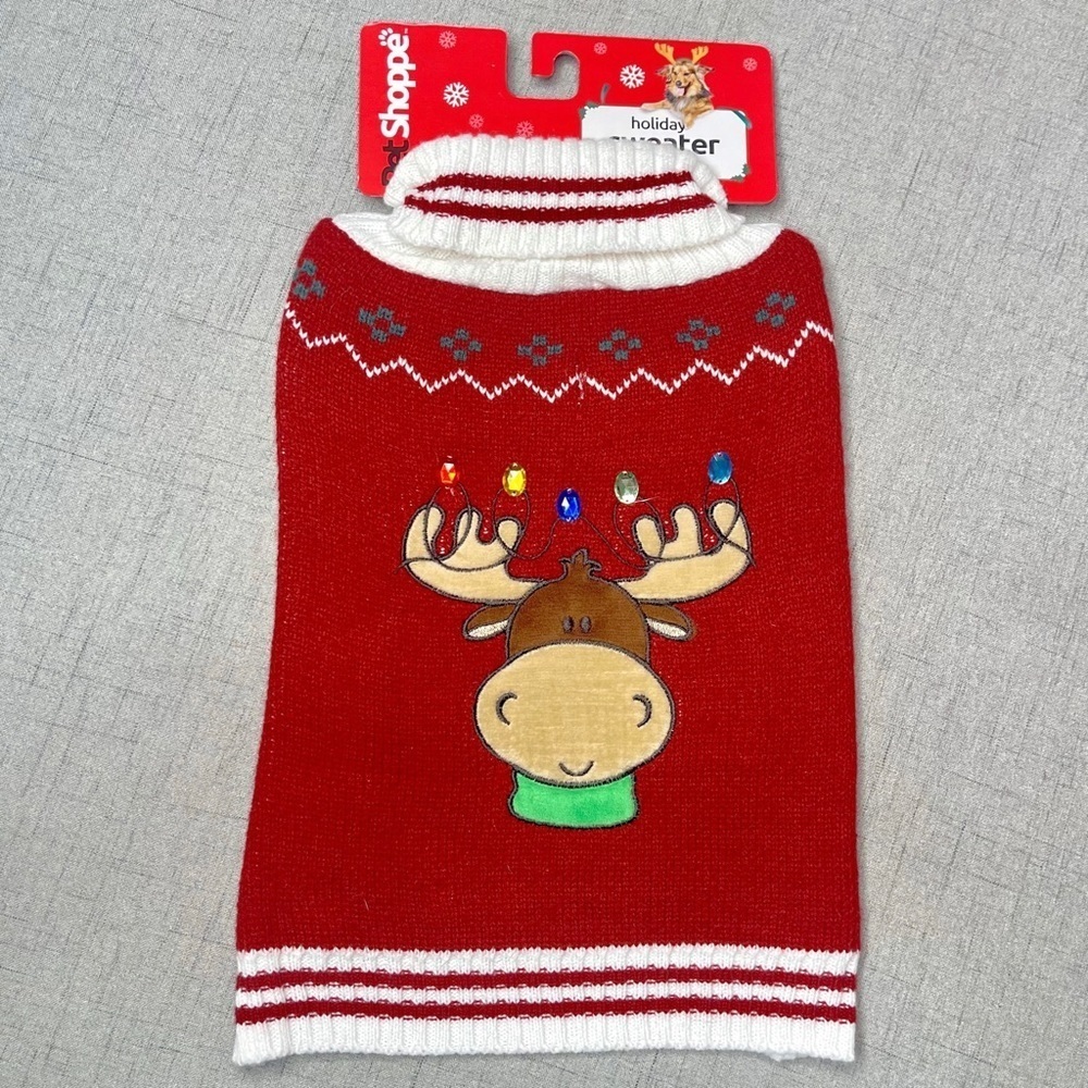 Pet Dog Christmas Sweater Reindeer with Lights Red White Medium Nwt